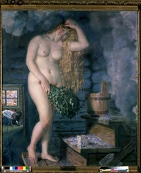 Venus rusa (Venus rusa). Joven mujer sonriente y desnuda, en el baño, tipo sauna, con un ramo de ramas. Pintura de Boris Michaylovich Kustodiev (Kustodiev) (1878-1927), óleo sobre lienzo