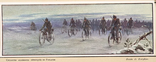 Ciclistas alemanes llegando a Finlandia; de Histoire des Soviets, pub. 1922