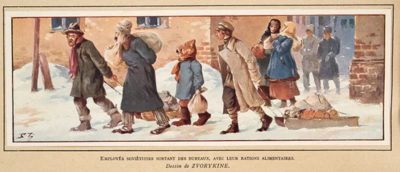 Trabajadores soviéticos saliendo de la oficina con sus raciones de comida, de Histoire des Soviets, pub. 1922