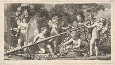 Seis putti jugando con las armas de Marte, cuatro sosteniendo una gran lanza