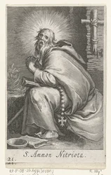 San Amonio el Grande como ermitaño S. Ammon Nitriota (título sobre el objeto) Ermitaños (título de la serie) Sacra eremvs ascetarvm (título de la serie)