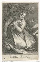 San Bonosus como ermitaño Sanctus Bonosus (título sobre el objeto) Ermitaños (título de la serie) Sacra eremvs ascetarvm (título de la serie)