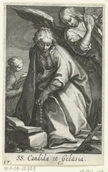 Santa Cándida y Santa Gelasia como ermitañas con ángel SS. Candida et Gelasia (título sobre objeto) Hermitesses (título de la serie) Sacra Eremus Ascetriarum (título de la serie)