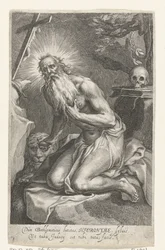 San Jerónimo de Belén como ermitaño Dùm Bethlemiticis latitas (...) tibi tuta facis (título sobre objeto) Ermitaños (título de la serie) Ad sacrum speculum (...) patribus that ales (título de la serie)