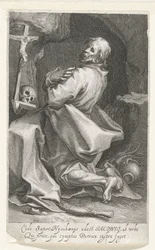 Heilige Jacobus van Nisibis como kluizenaar Cede sapor Nysibaenus (...) Persica huye del campamento (título sobre objeto) Kluizenaars (título de la serie) En el espejo sagrado (...) da alas a los padres (título de la serie)