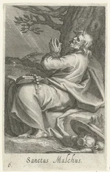 San Malco de Calcis como ermitaño Sanctus Malchus (título sobre el objeto) Ermitaños (título de la serie) Sacra eremvs ascetarvm (título de la serie)