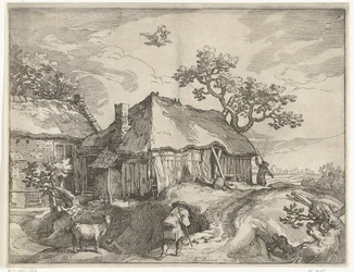 Paisaje con granja y robo de Ganímedes caras en el campo