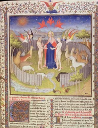 Ms 251, f.16r: El matrimonio de Adán y Eva de Des Proprietes De Choses (detalle)