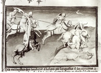 El líder mongol, Hulagu, khan del Ilkhanato persigue a su primo, Berke, khan de la Horda de Oro en 1262, forzándolo a un río, del Libro de las Maravillas del Mundo, c.1410-