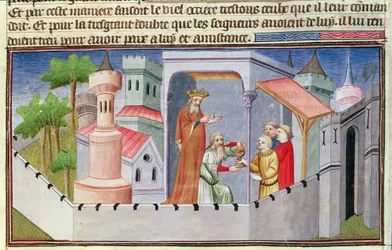 Ms Fr 2810 f.17, Hassan i Sabbah dirigiendo las iniciaciones en Alamut y dando vino drogado a sus seguidores, de los «Livres des Merveilles du Monde», c.1410-12