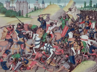 Batalla entre Sarracenos y Cristianos durante las Cruzadas, de Crónicas de los emperadores por David Aubert, 1462