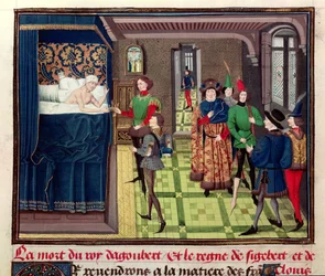 Ms 5089-90 La muerte del rey Dagoberto I (c.603-639) de Chroniques des Empereurs por David Aubert, 1462