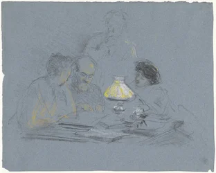 A. Grandmont y tres figuras, leyendo a la luz de la lámpara