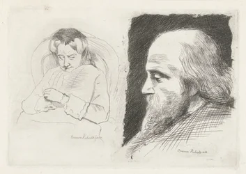 mujer sentada y retrato de un hombre