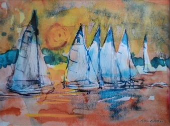 Veleros con cielo rosa (acuarela sobre papel)