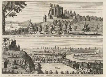 Vista del Observatorio en Greenwich Park... [y] Vista de Deptford y Londres tomada desde Flamsteed Hill en Greenwich Park", c.1750 (grabado)