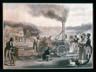 Impresión artística del "Northumbrian" de Robert Stephenson (grabado en color)