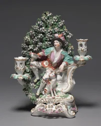 Candelabro con Pastor y Perro, fabricante Fábrica de Porcelana de Derby (Período Chelsea-Derby), c.1775 (porcelana de pasta blanda)