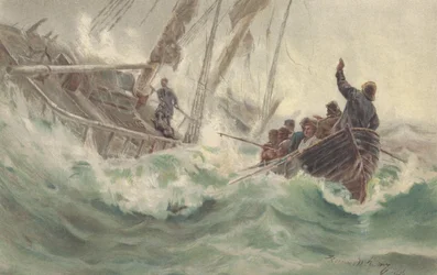 El capitán y su fiel perro se hunden con el barco naufragado, mientras la tripulación escapa (litografía en color)