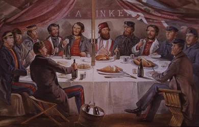 Cena de Navidad durante la Guerra de Crimea, oficiales británicos y aliados antes de Sebastopol