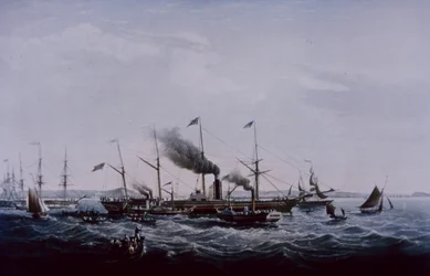Barco de vapor Great Western, diseñado por Brunel, terminado en Bristol 1837 (litografía en color)