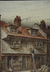 Casas en Saffron Hill, Londres, entre Holborn y Clerkenwell, c.1883 (litografía en color)