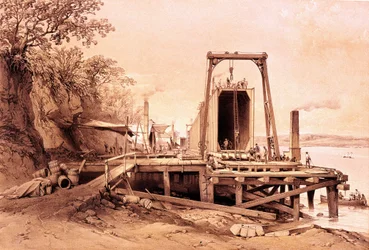Revolución industrial: instalación de un puente prefabricado. Grabado de "Britannia and Conway Tubular Bridges".
