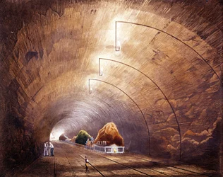 Revolución industrial: túnel ferroviario en la línea Manchester - Liverpool. Placa tomada de "Liverpool and Manchester Railway", Londres 1832.