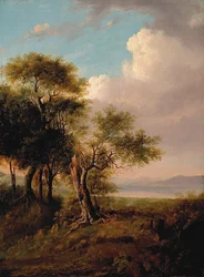 Paisaje, árboles en primer plano, lago y colinas en la distancia (óleo sobre lienzo)