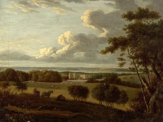 Paisaje cerca de la costa (vista de una mansión con el mar en la distancia) (óleo sobre lienzo)