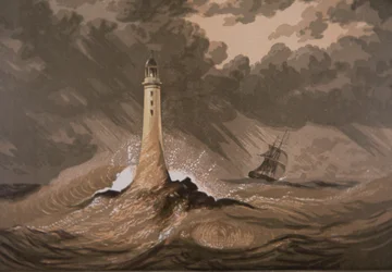 El faro advierte a los barcos de las rocas en una tormenta en el mar (litografía en color)