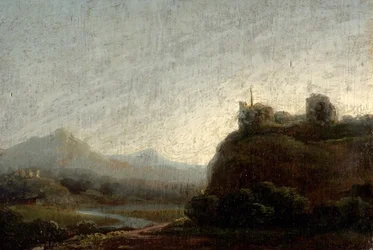 Paisaje montañoso, atardecer (óleo sobre madera)