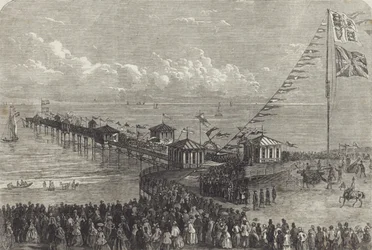 Inauguración de un muelle marítimo británico (grabado)