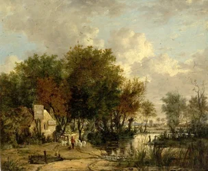 Escena de río, niño conduciendo ovejas (óleo sobre madera)
