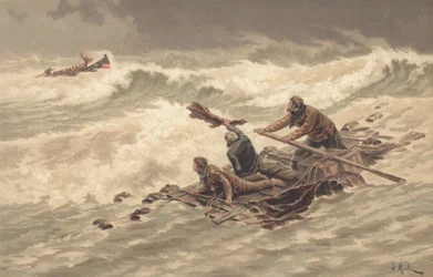 Marineros se aferran a los restos del naufragio en el mar (litografía en color)