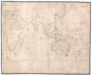 A los oficiales al servicio de la honorable Compañía de las Indias Orientales, W. Heather dedica muy respetuosamente esta carta esquemática destinada a su uso para trazar la derrota de un barco. Nueva edición de 1830, revisada y corregida por J. W. Norie.