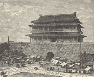 Puerta de Tsien Men, entrada a la Ciudad Prohibida, Pekín, China (grabado)