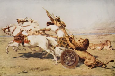 Nimrod, un poderoso cazador, ilustración de "The Outline of History" de H.G. Wells, Volumen I, publicado en 1920 (litografía en color).