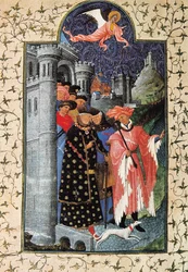 El duque Juan de Berry (1340-1416) y su administrador de bienes. Miniatura de Jean Limbourg para "Las muy ricas horas del Duque de Berry" hacia 1440 París. B.N.