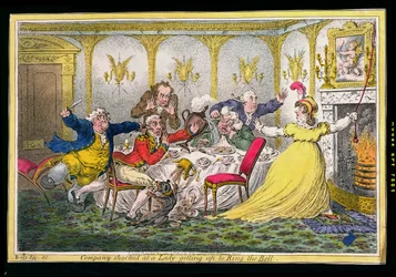 Compañía sorprendida por una dama levantándose para tocar la campana, grabado por James Gillray, publicado por Hannah Humphrey en 1804