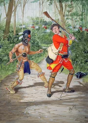 Un guerrero hurón contra un soldado del 44º Regimiento de a Pie en 1755, de un conjunto de seis cuadros.