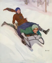Dos mujeres en trineo (litografía en color)