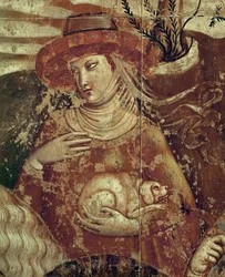 Una elegante dama con un perrito en brazos ... (fresco)