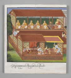 O. 13534, f.18, Monjes con cuencos, Escenas de la vida de Buda (pergamino)