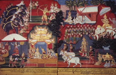 O 14297 fol.8-9 The Future Buddha Grows Up, c.1800-20 (gouache sobre papel)
