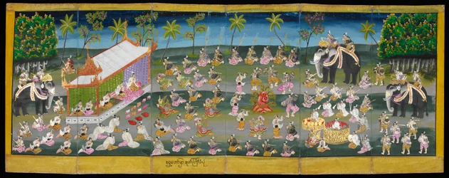 Imagen de Parabaik, que muestra el festival real sobre el agua, Or 16761, f. 28r (libro plegable de papel)