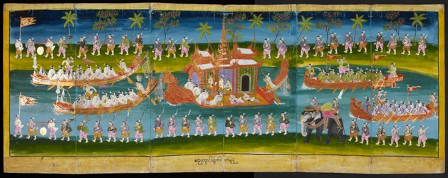 Imagen de Parabaik, que muestra un festival real en el agua, procesión de barcazas reales, Or 16761, f. 35r (libro plegable de papel)