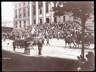 Vista de la multitud en los escalones del Ayuntamiento de Brooklyn durante el Desfile de la Policía de Brooklyn, 1897
