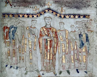 Arte bizantino: "Asamblea del capítulo de la Catedral de Gaeta compuesta por obispos y diáconos" Miniatura tomada de "Exultet" del comienzo del siglo XI Museo Diocesano, Gaeta