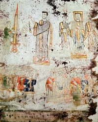 Arte bizantino: Ceremonia de la bendición del cirio pascual en presencia del obispo, los miembros del clero y los señores (patricios) de la ciudad de Gaeta en Italia. Miniatura de Exultet del comienzo del siglo XI. Museo
